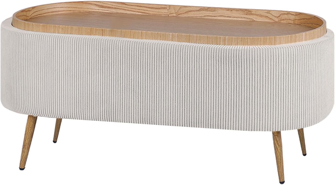 La Bella Coffee Table Storage Ottoman - ESME Cream - Flip-Top Tray Bench with Corduroy Upholstery & Hidden Storage - Padded Blanket Box, Footrest or Seat with Wooden-Look Legs