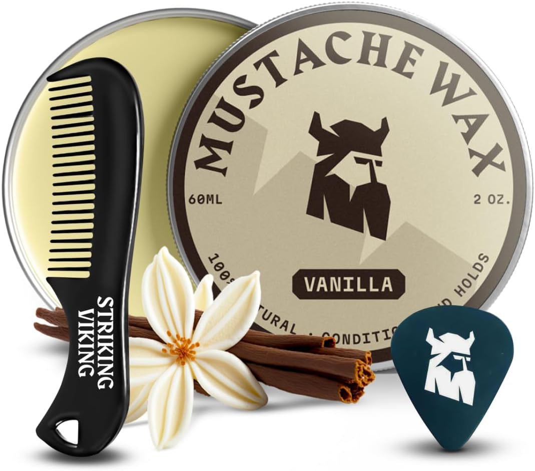 Striking Viking Mustache Wax Kit with Comb - 2 Oz, Vanilla - Strong Hold Mustache Grooming Kit for Men - Vanilla-Scented Wax & Comb Set