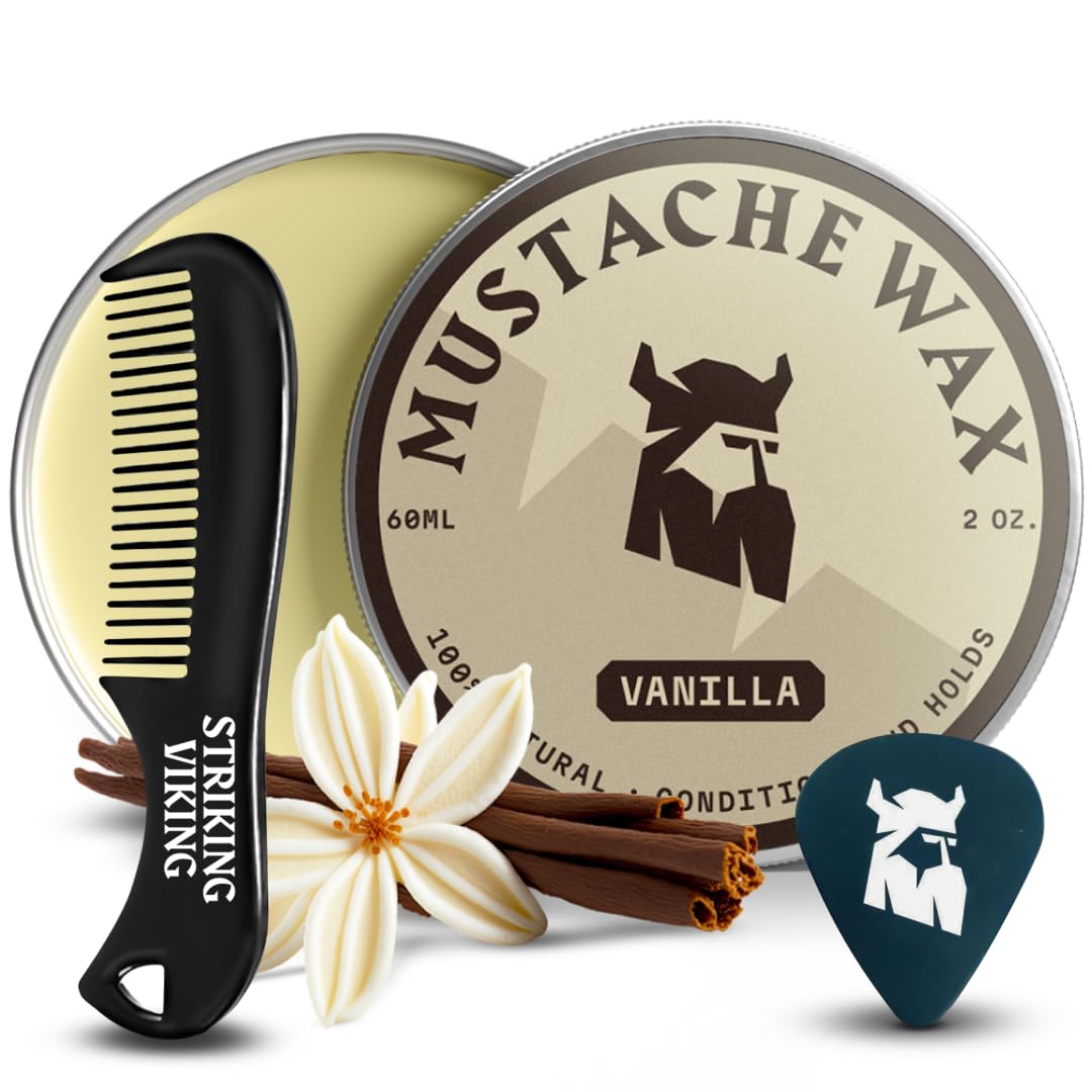 Striking Viking Mustache Wax & Comb Kit – 2 oz, Vanilla – Complete Mustache Grooming Kit for Men – Strong-Hold Styling & Wax Strong Hold – Pocket-Sized Precision & Styling Comb