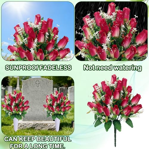 Artificial Cemetery Flowers for Grave,2Pack Memorial Roses Bouquets with Vase for Grave Tombstone Decorations (2, Rose Red) image 1