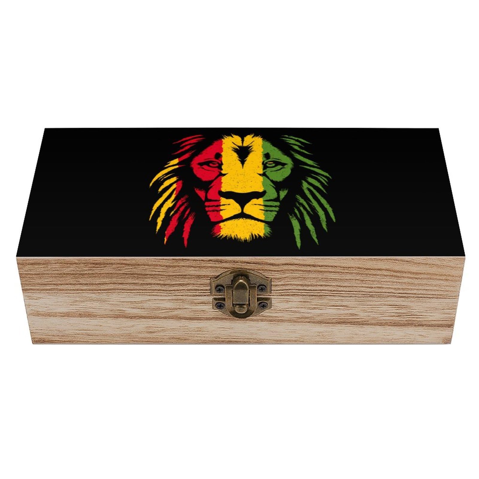 HLBSDM Reggae Rasta Flag Lion Wooden Box with Hinged Lid Decorative Storage Case Container