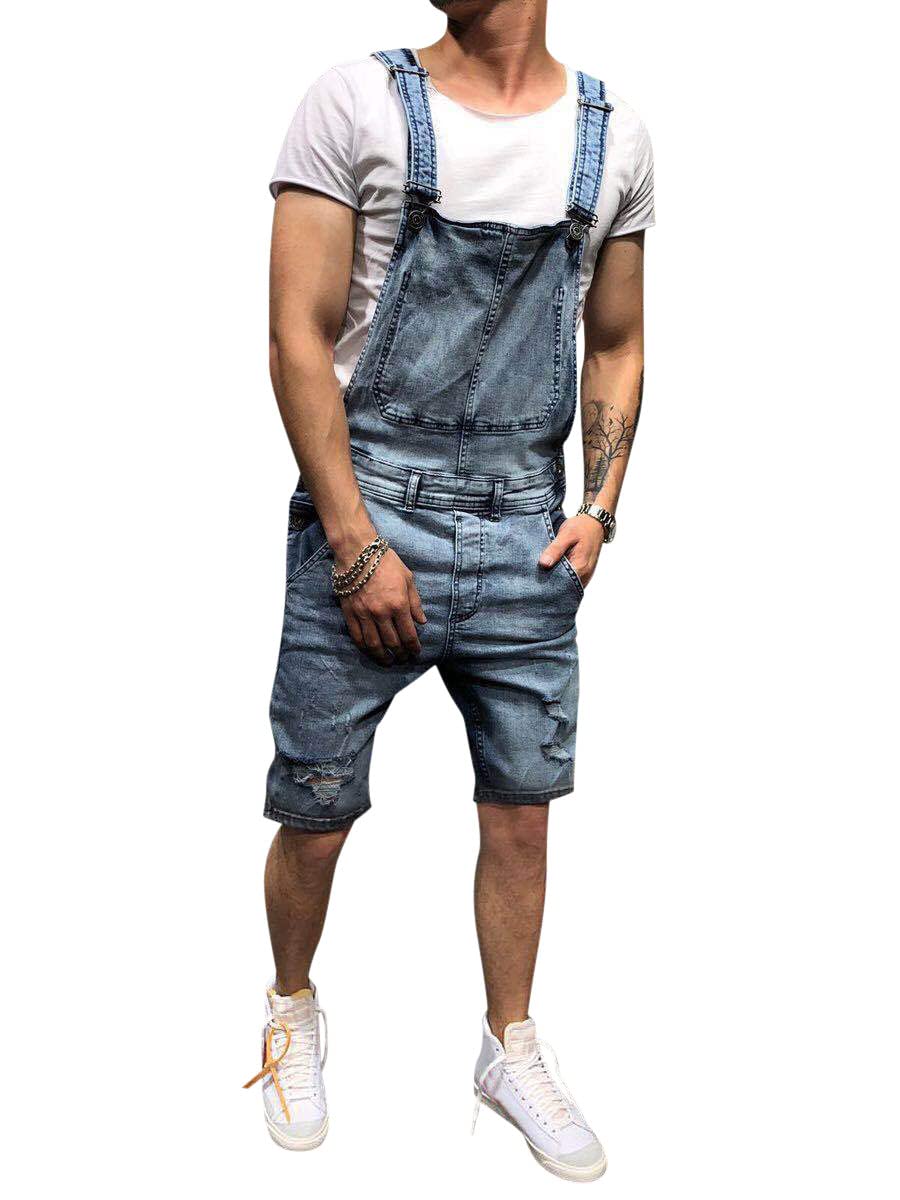 Salopette Corta in Denim da Uomo Tinta Unita/Foro Strappato Jumpsuit con Cinturino Regolabile Multi-Tasche Casual Jeans Comodo Salopette Classico Vintage Abiti da Lavoro