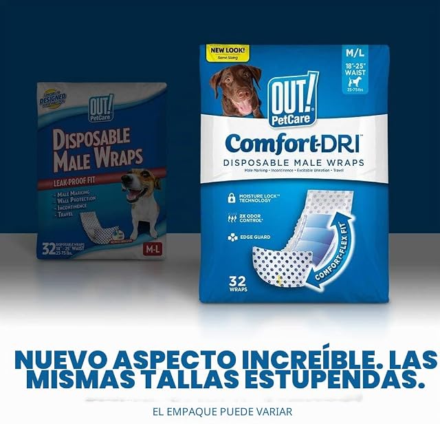 Foto 3 de 7 de OUT! Pañales Desechables para Perros Machos, Absorbentes con Ajuste a Prueba de Fugas M/L - Paquete de 10