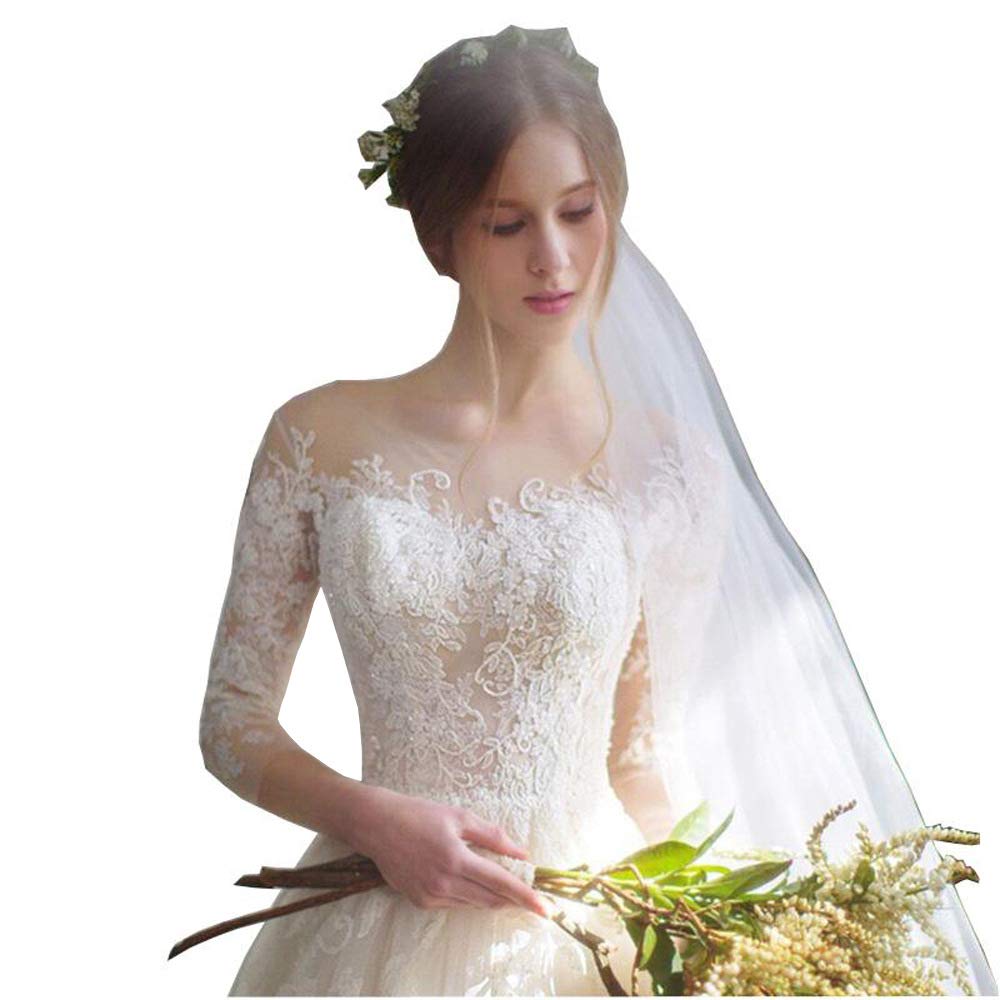 Women Long Sleeve Wedding Dresses O-Neck Tulle Lace Bride Dresses Wedding Gowns