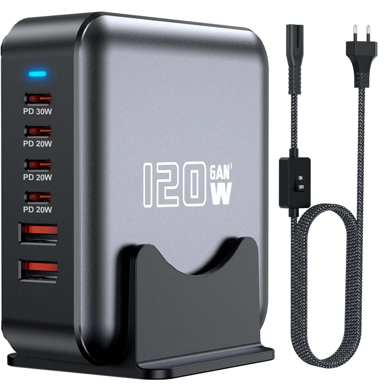 Szybka ładowarka USB C, 6-portowa stacja ładująca GaN Hub Adapter 120 W, gniazdo taśmy zasilającej z wieloma ładowarkami ściennymi USB C do iPada iPhone 17 16 15 14 13 12 Pro Max Galaxy (szary)