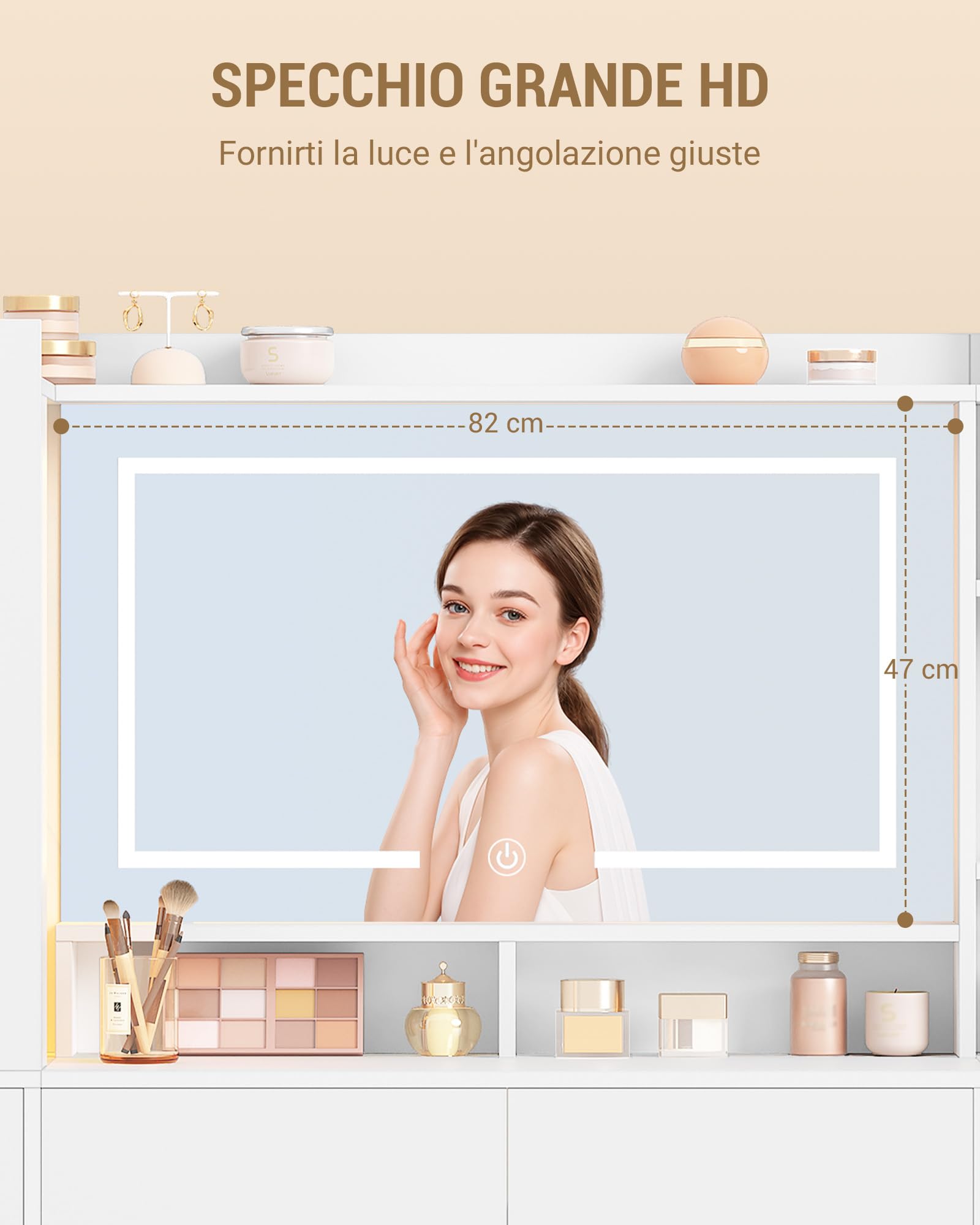 Hzuaneri 140 cm Toeletta Trucco, Postazione Trucco con Grande Specchio HD, Striscia Luminosa RGB, 10 Cassetti, 9 Scaffale Portaoggetti, per Camera da Letto, Ufficio, Bianco 1150003XEU