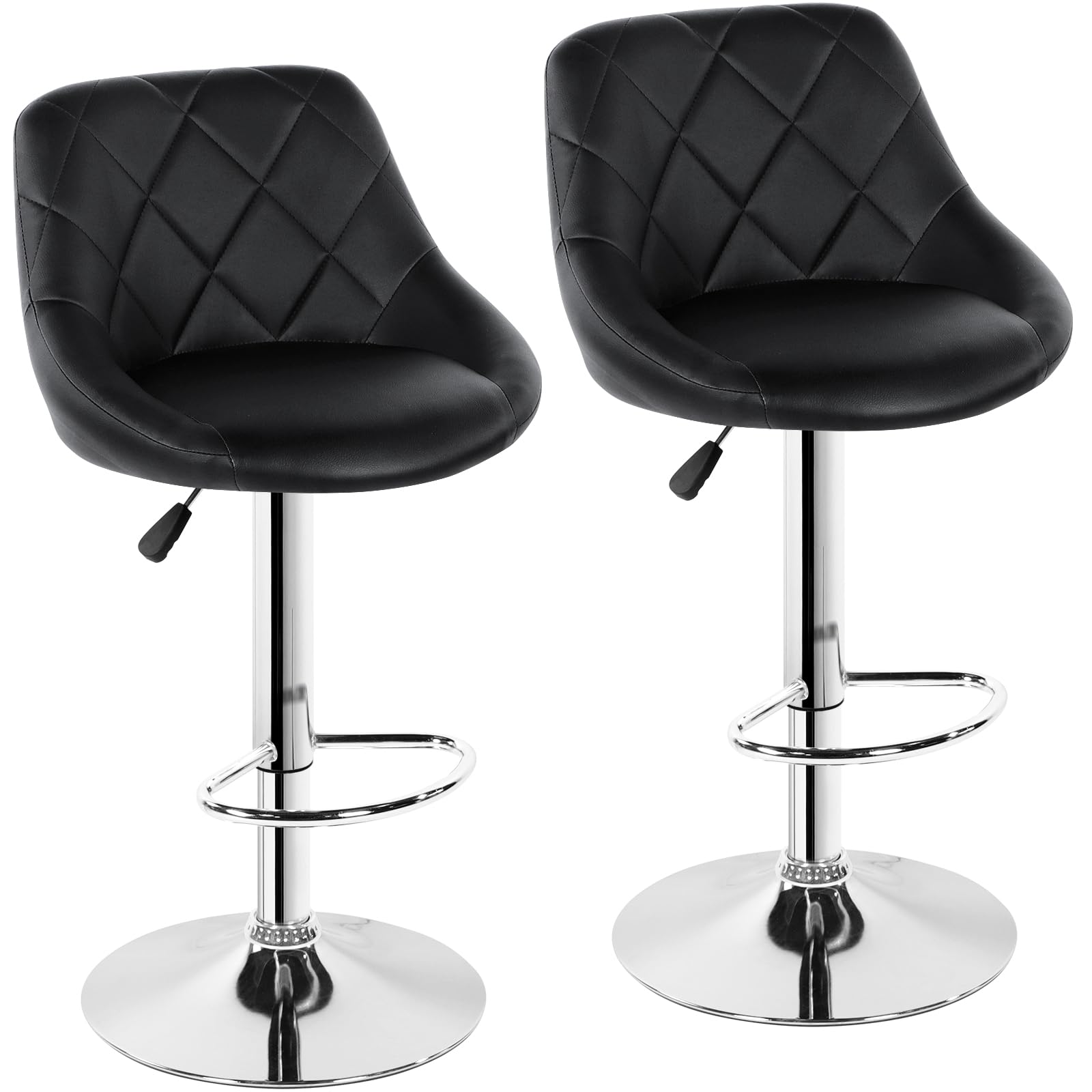 Hadwin Bar Stools Set of 2, Adjustable Swivel PU Leather Breakfast Kitchen Stool with Backrest and Footrest for Kitchen Counter Breakfast Bar (Black)
