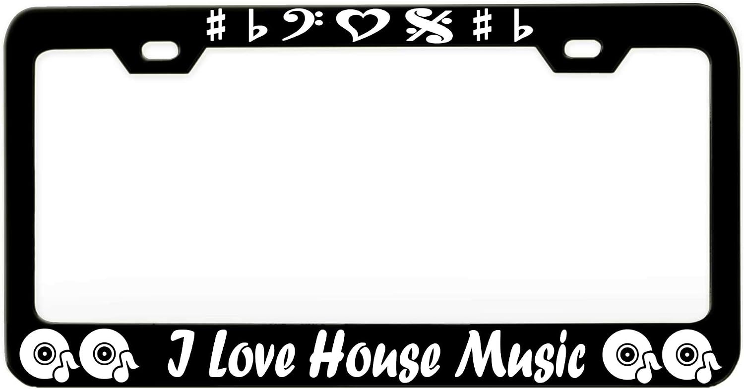 I Love House Music Music Instrument Steel Metal Black License Tag Holder License Plate Frame, N52