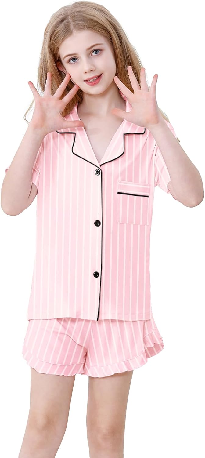 Schbbbta Girls Pajamas Set 3 Piece Button Down Sleepwear Short Sleeve Long Pants with Shorts Pjs Ruffle Nightwear 5-14 Years
