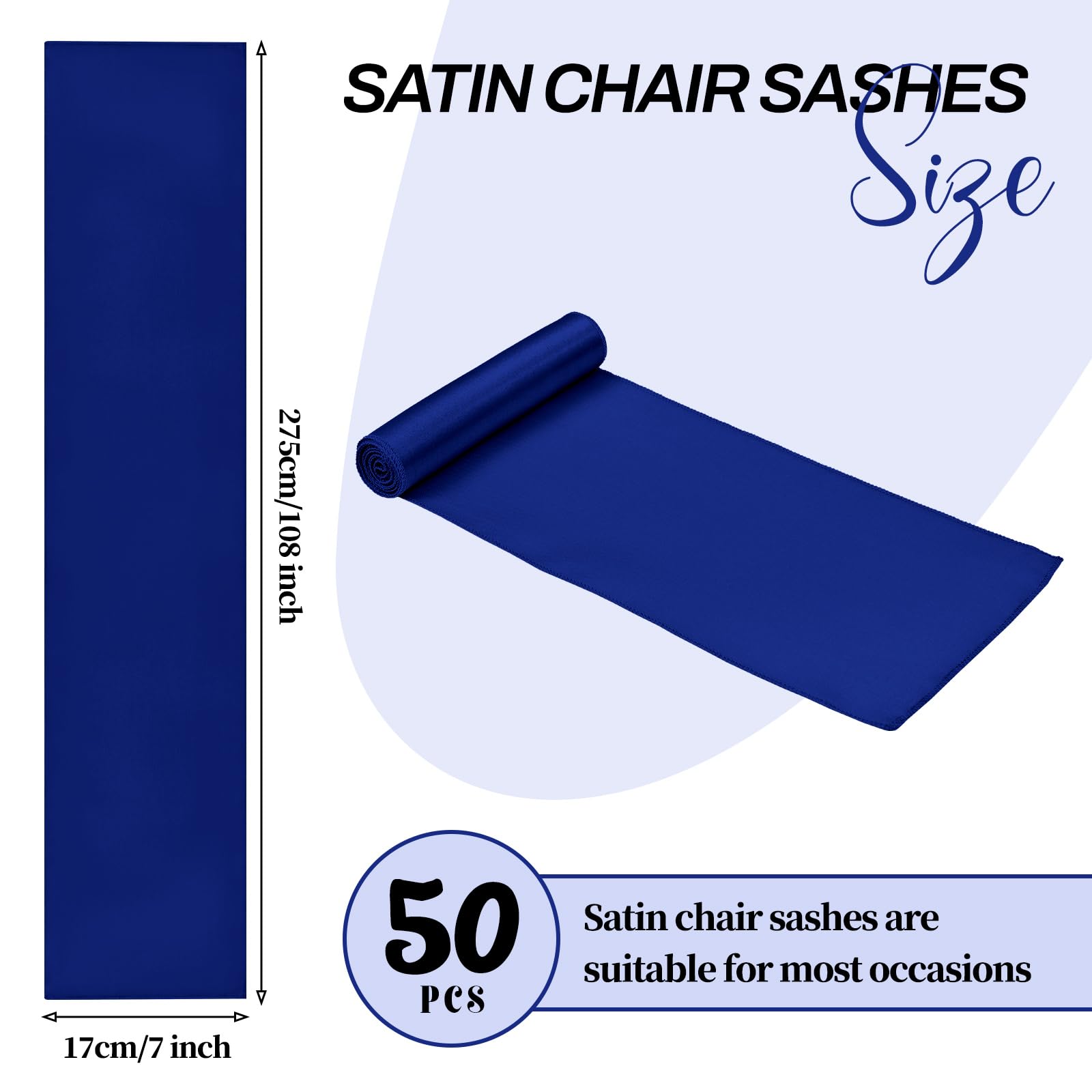 Pesonlook Lot de 50 rubans de chaise en satin pour décoration de fête de mariage, hôtel - 17 x 275 cm - Bleu roi