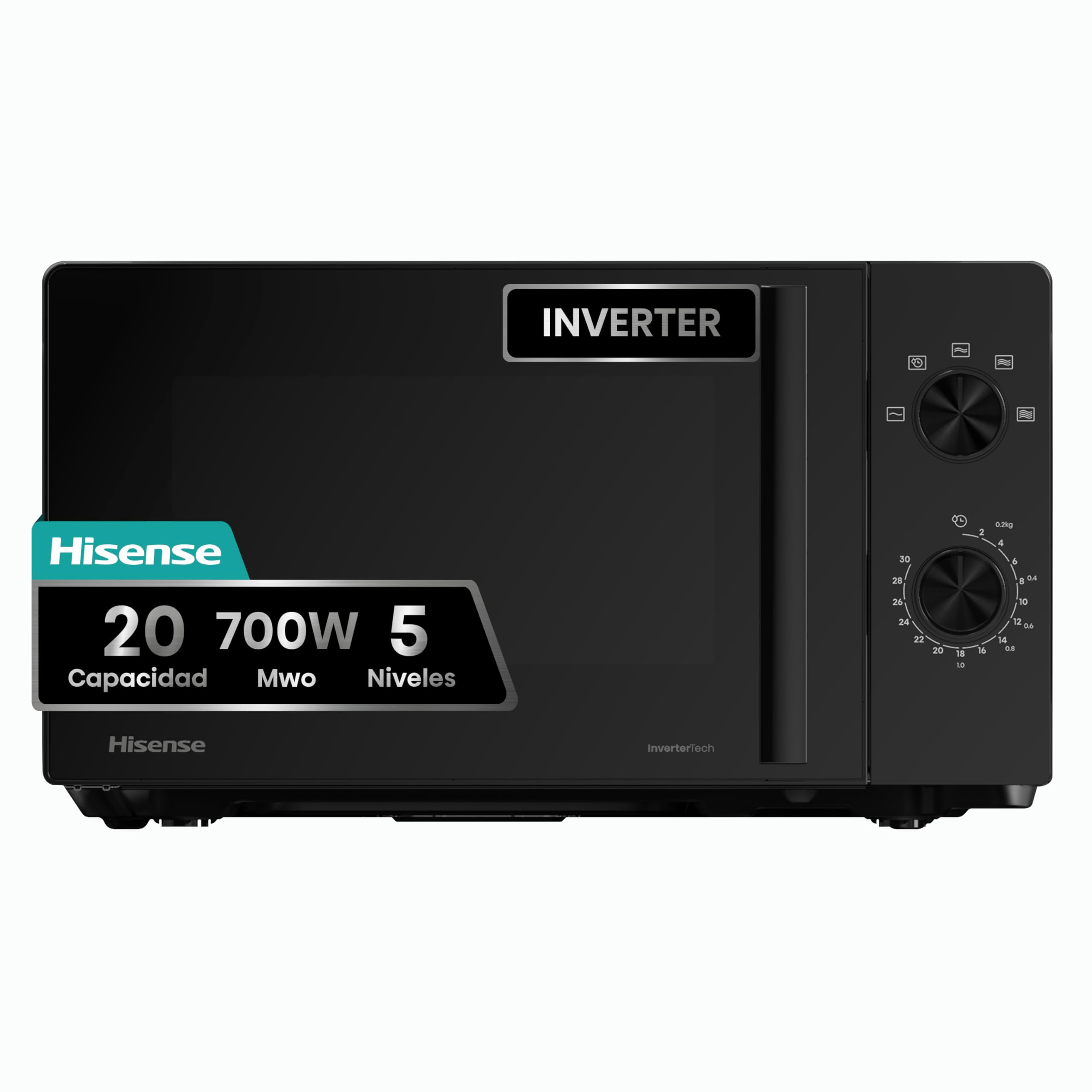 Hisense H20MOBP1HI - Microondas 20 Litros, 700W, Inverter Expert, Descongelación Rápida, Calentamiento Uniforme, Silencioso, Revestimiento Cerámico, Cristal Premium, Modo ECO, 5 Programas
