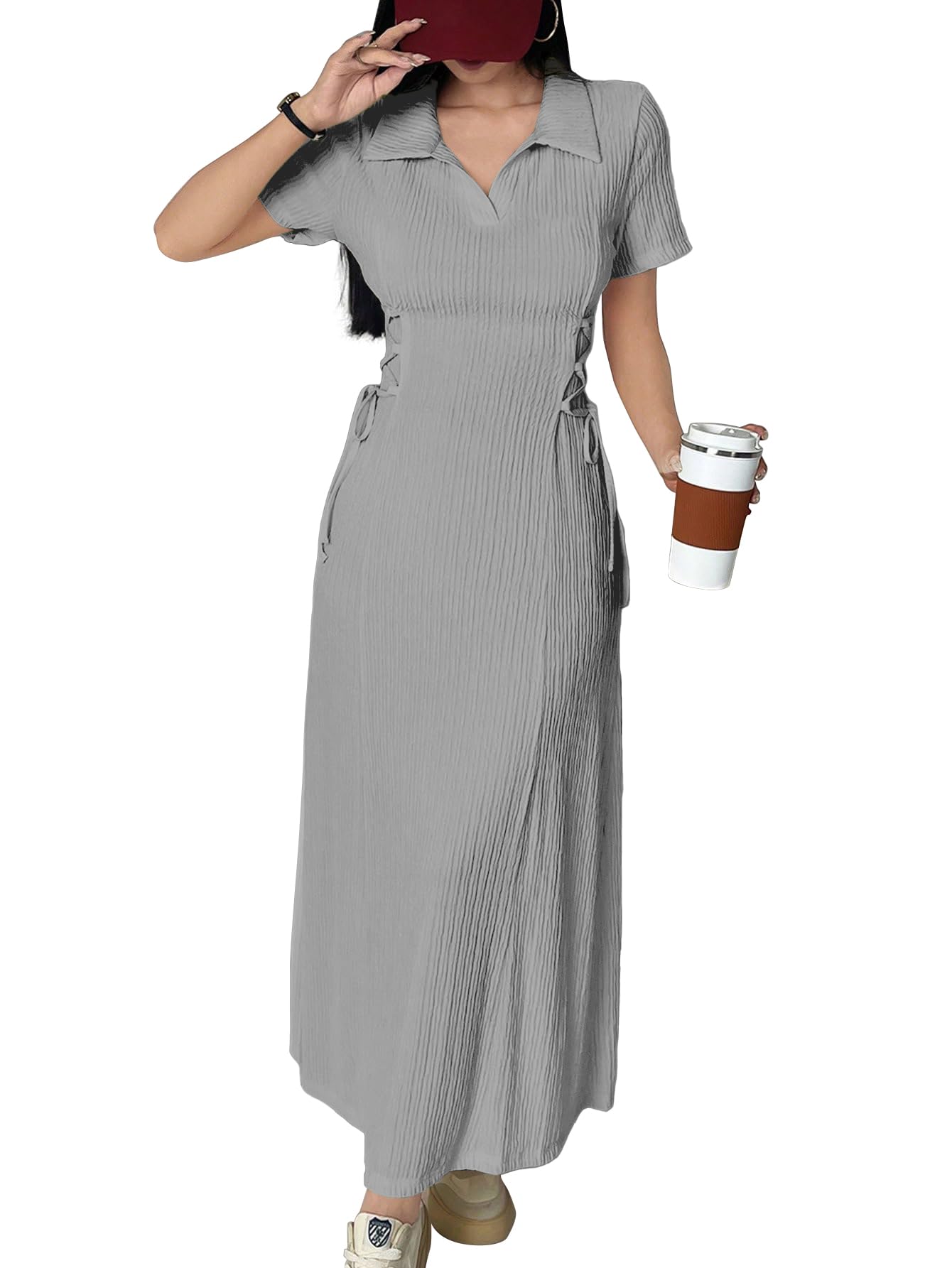 Shasmi Women’s Solid Color Applique Lace-Up Collared Short Sleeve, Side-Tie Waist Long Casual Maxi Women Dress Outfit Long Evening Midi Western Party Dress for Women (Dress 211)