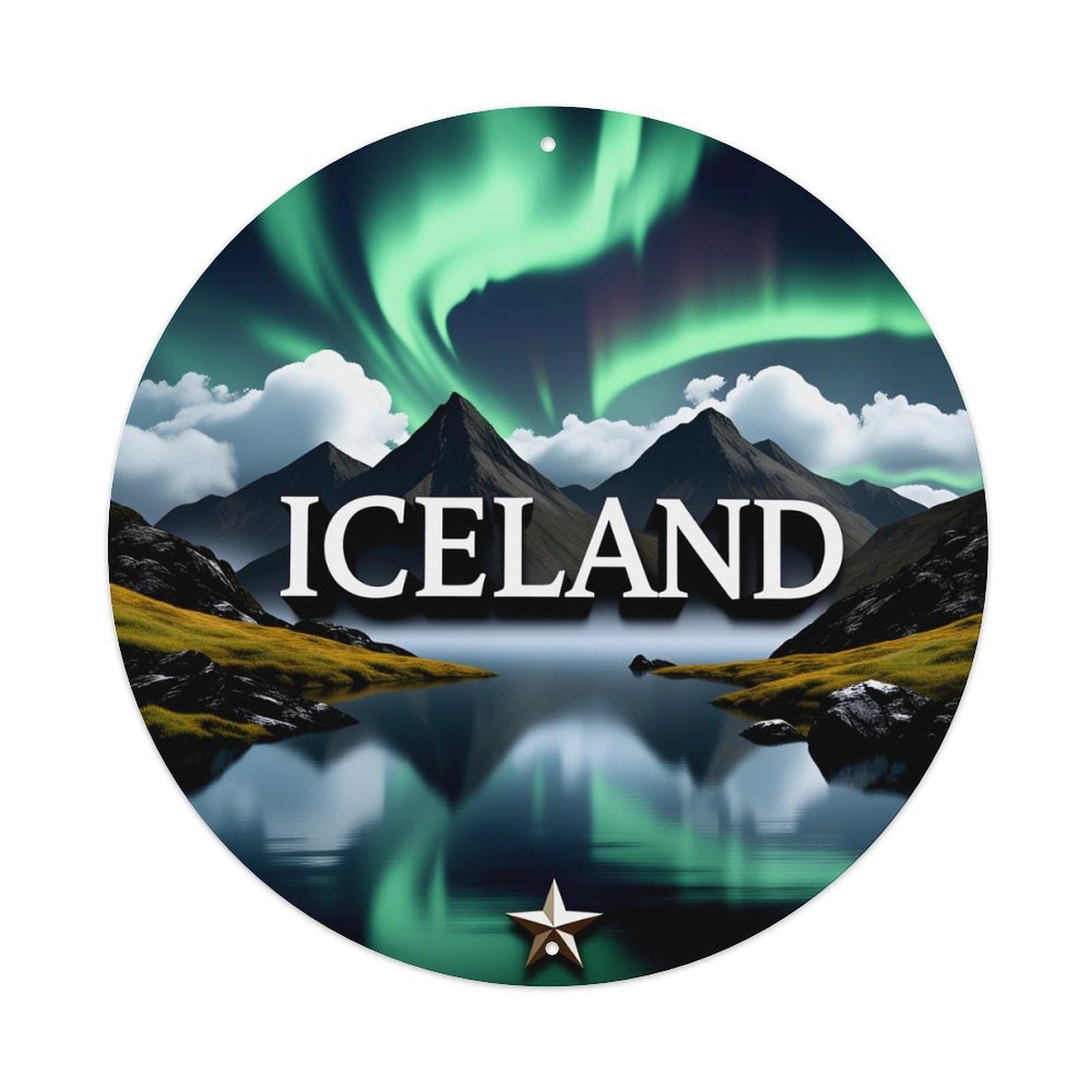 Wmlzdnwr Vintage Icelandic Landscape Aurora Mountains Lake Reflection Star Round Tin Sign,Retro Wall Art,Metal Poster For Home, Bar, Garage, Cafe, Rustic Indoor & Outdoor Decor, 8X8 Inches
