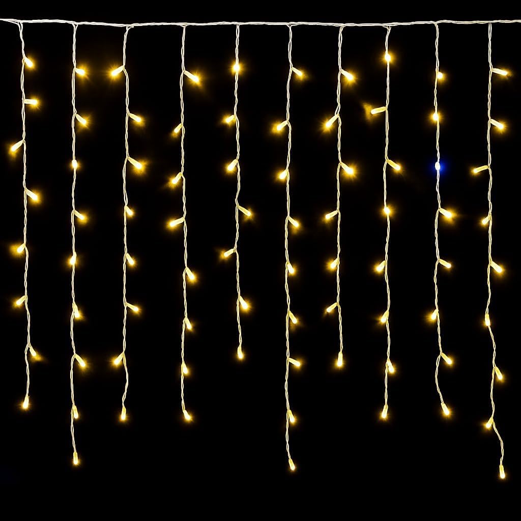 Elektronova Lichtervorhang mit 200 LEDs, 5 m, gelbes Licht, weißes Kabel, IP65, verlängerbar, mit hängenden Drähten in abwechselnden Längen (30 – 70 – 40 – 60 cm) für Wasserfall-Effekt