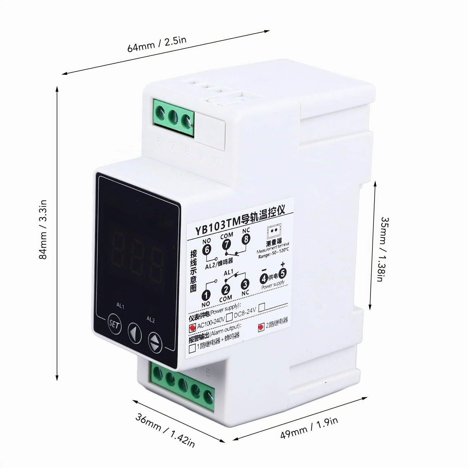 Thermostat de Régulateur de Température de Rail de Guidage de Contrôleur de Température Numérique avec Cordon de Détection de Température AC100-240V Plage -40°C à 110°C pour Aquaculture, Serre