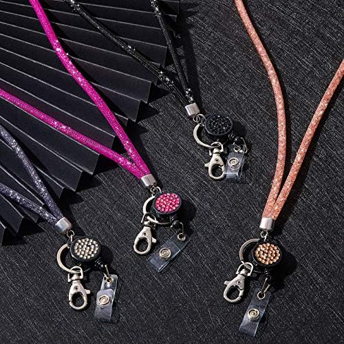 4 Pieces Crystal Lanyard Necklace with Retractable Badge Holder and Keyring, ID Card Holder Bling Rhinestone Crystal Lanyard Strap (Black, Grey, Champaign Gold, Rose Pink)