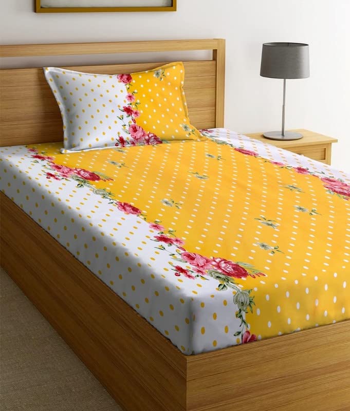 Image of NHD HOME Premium Glace Cotton 180 TC Flat Single Bedsheets for Summer Breathable | Wrinklefree (Size-60 X 90 Inch) with 1 Pillow Covers (Size-17 X 27 Inches, Floral, Yellow & White)