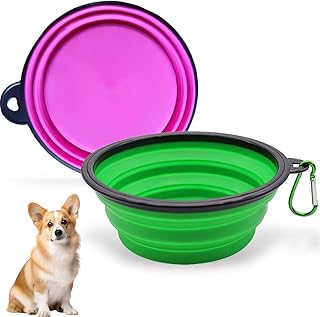 EAVUYIS Hundenäpfe Faltbar Hundenapf, 2 Stück Silikon Wassernapf für Hunde Unterwegs, Tragbar Auslaufsichere Reisenäpfe mit Karabiner für Hunde Katzen für Wasser und Futter (Grün, Rosa) product image