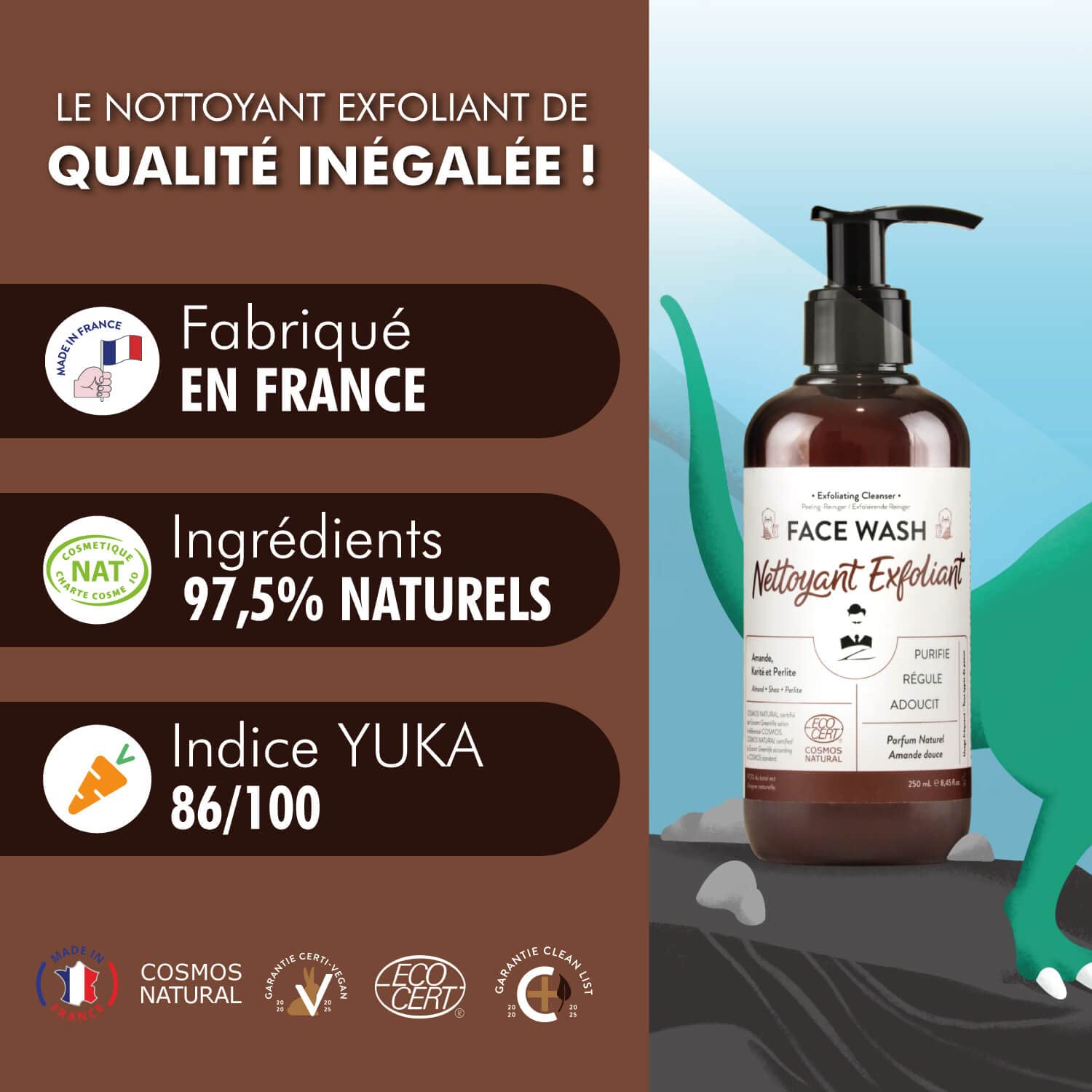 Nettoyant Exfoliant visage pour homme de Monsieur BARBIER | Soin visage Naturel, Végan et Français | Gommage contre les peaux mortes, les points noirs et les impuretés pour un teint lumineux | 250mL