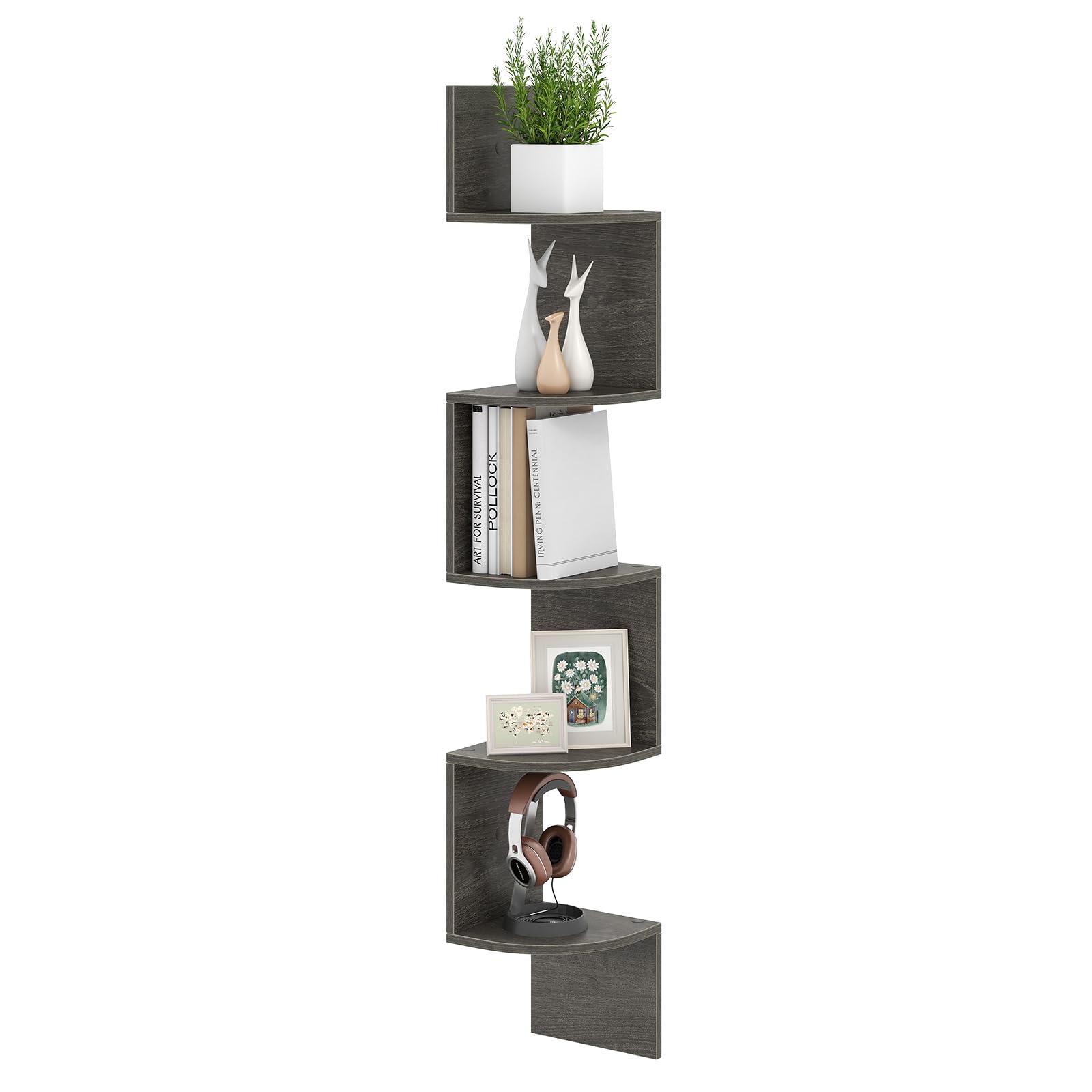 Multigot Corner Shelf Wall Mounted, 5-Tier Floating Bookshelf with Safe Round Edge, Space-Saving Plant Display Shelf for Living Room Bedroom Home Office (1, Grey Oak)