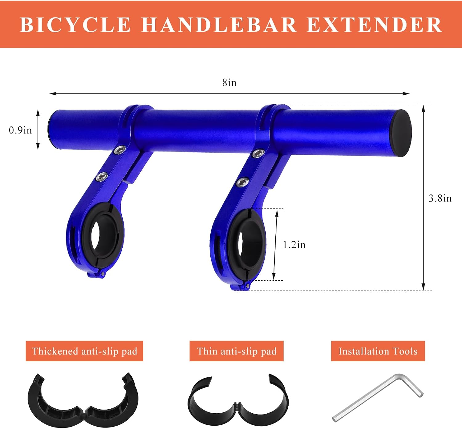 Bike Handlebar Extender, 8" Handlebar Extension with Two Mounting Clamp Brackets, Multifunctional Aluminum Alloy Bicycle Handlebar Extender for Headlight Speedometer Phone Mount (Blue) image 2