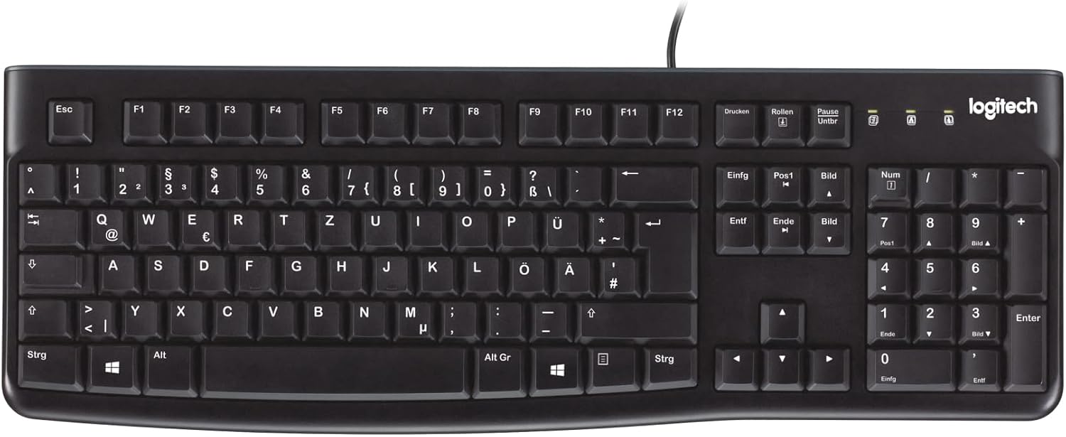 Logitech K120 Kabelgebundene Tastatur für Windows, USB Plug & Play, Volle Größe, Spritzwassergeschützt, Gekrümmte Leertaste, Kompatibel mit PC, Laptop, Deutsches QWERTZ-Layout - Schwarz - Amazon product rated Grade A