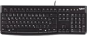 Logitech K120 Wired Keyboard for Windows, USB port, Silent Touch, rugged, splash-proof, Adjustable keyboard stand, German QWERTY layout – Black