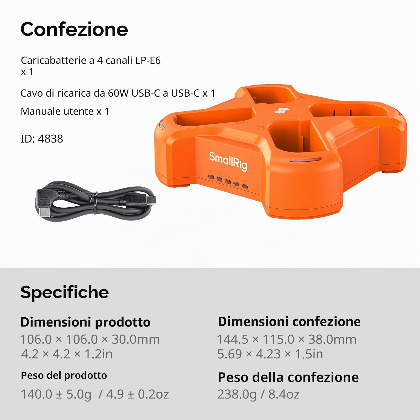 SMALLRIG LP-E6NH Caricabatterie per Fotocamera a 4 Canali, con Ricarica Rapida da 60 W, Display LED, Caricabatterie per Fotocamera Compatto a 4 Canali per Canon LP-E6NH Batteria, Arancia - 4838