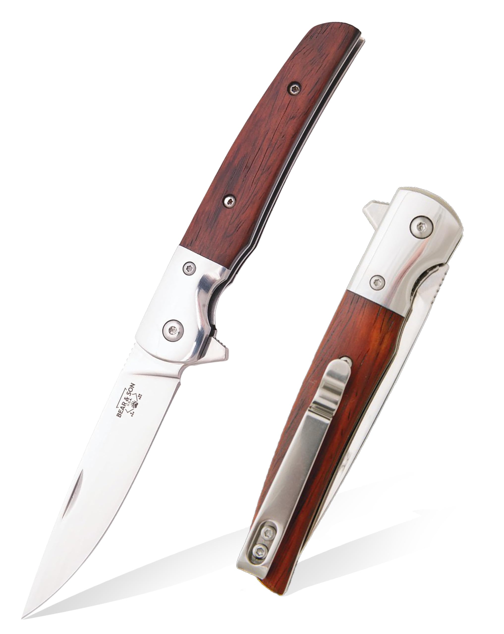 BEAR & SON – Manual Flipper Knife 3.38" D2 Tool Steel Blade | Cocobola Wood Handle Pocket Knife for Everyday Carry | Lightweight Folding EDC with Clip