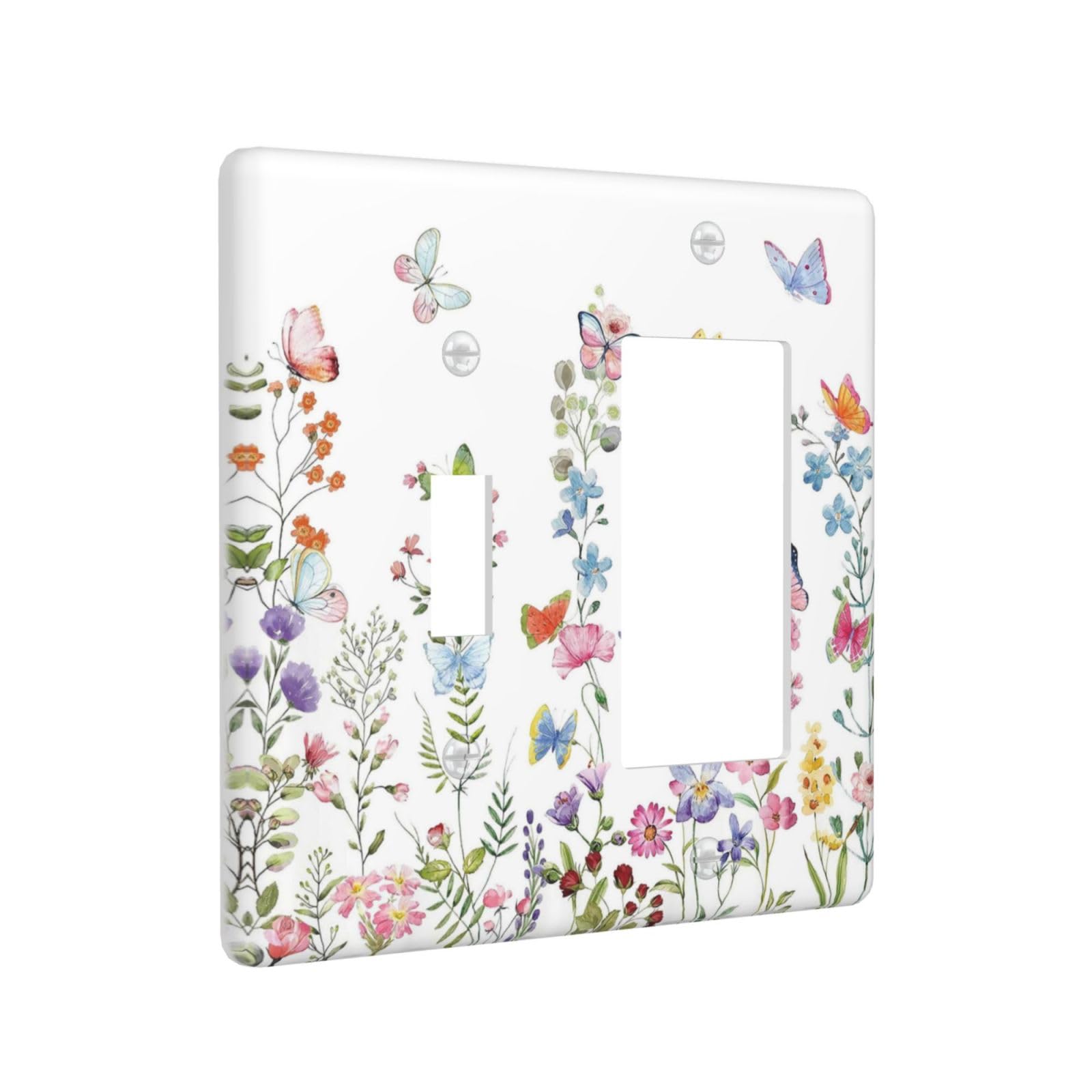 Boho Butterfly Wild Flower Floral Garden 2 Gang Single Toggle Rocker Combination Light Switch Cover unique Decorative Wall Plate Cover Electrical Faceplate Switchplate for Kitchen Bedroom Decor