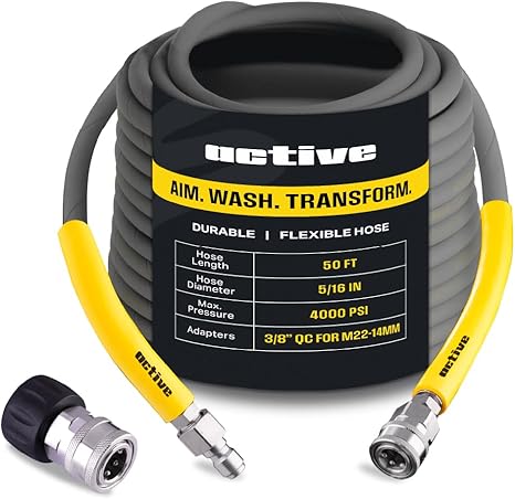 ACTIVE Pressure Washer Hose 50 Ft 5/16" - Kink Resistant Steel braided Power Washer Hose for All Electric & Gas Pressure Washers, Flex Hose w/Max 4000 PSI & 12 GPM at a peak temperature of 212F