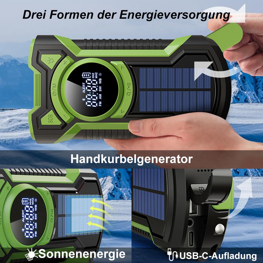Kurbelradio Solar Radio FM AM, RadioBatteriebetrieben 5000mAh mit Bluetooth & ATS, Wasserdichtes Notfallradio mit LED-Taschenlampe, SOS-Alarm für Stromausfall und Outdoor