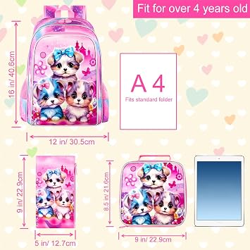 AGSDON 3PCS Backpacks for Girls, 16 Elementary Kids Cute Dog Backpack Preschool School Bookbags and Lunch Box