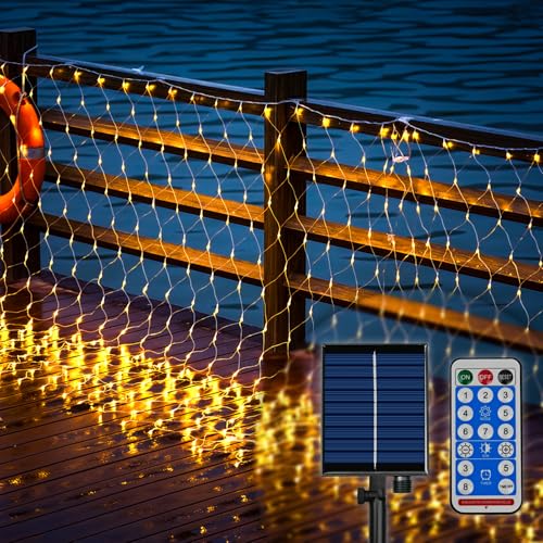 Cveenk LED Solar Lichternetz Lichtervorhang 1,5 x 1,5M, 8 Modi 96 LED Lichterkette Warmweiß für Innen und Außen Weihnachten Hochzeit Garten Patio Fence Camping Home