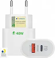 Fonte Universal Turbo 40W 2 Entradas USB-C e USB Turbo Carregador Tipo C e USB - Compátivel Com Todo Dispositivo e Cabo Tecnologia Power Delivery Carrega Com Segurança - Linha Premium