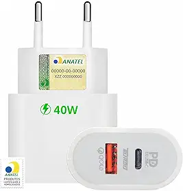 Fonte Universal Turbo 40W 2 Entradas USB-C e USB Turbo Carregador Tipo C e USB - Compátivel Com Todo Dispositivo e Cabo Tecnologia Power Delivery Carrega Com Segurança - Linha Premium