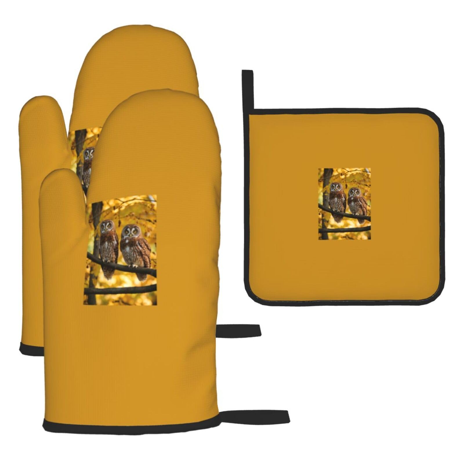 Cute Brown Cartoon Owls Print Oven Kitchen Gloves For Baking Outdoor Grilling Home Use Mitts Microwaving Bbq