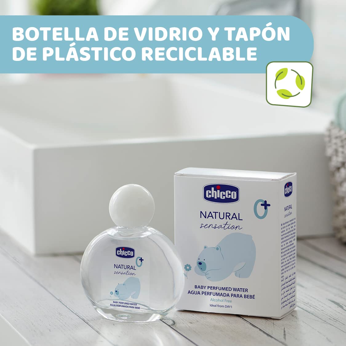 Chicco Agua Perfumada Natural Sensation, Fragancia Fresca y Delicada, Colonia Sin Alcohol para Bebés y Recién Nacidos, Envase de Cristal, 100 ml