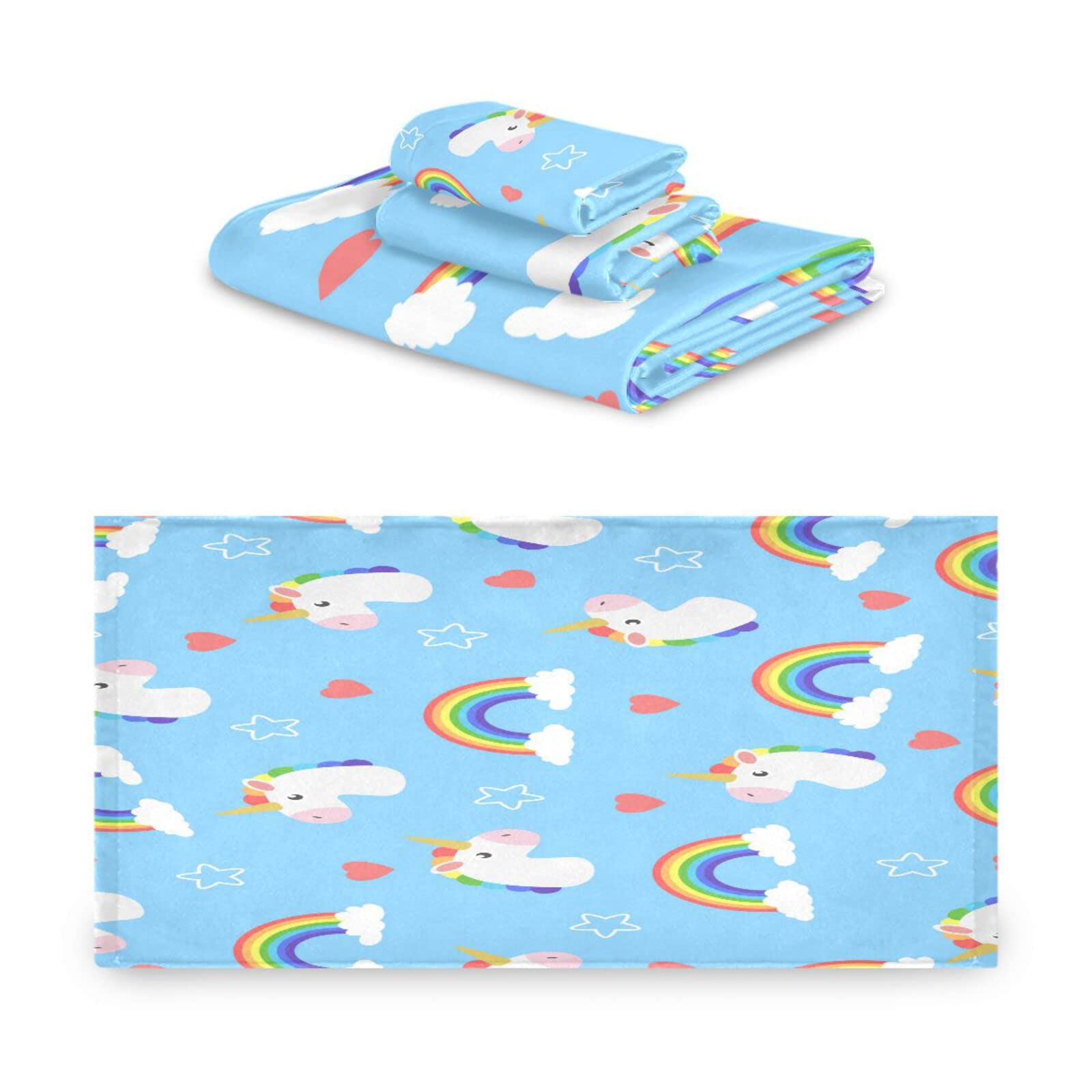 Unicornios Arcoíris Lindas Azules Juego de Toallas para Baño Playa 100% Algodón de Piscina Toalla (1 Toalla de Baño y 1 Toalla de Mano y 1 Paño de Lavado) para Nadar Hotel Niñas Niños Niños