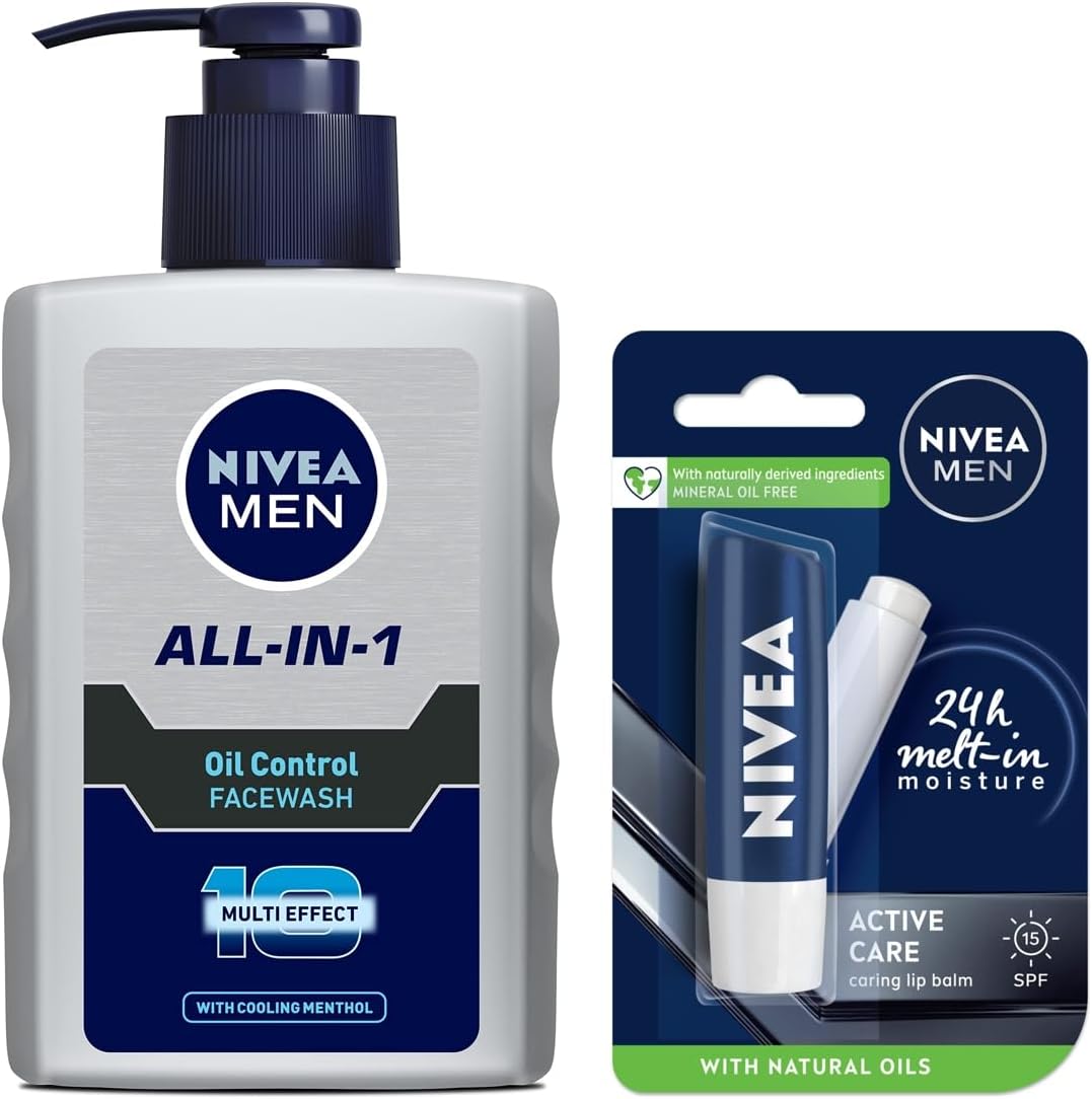 Men Face Wash, Oil Control, 10x Vitamin C, 150ml And NIVEA Men Lip Care, Active Care Lip Balm, SPF 15, 4.8g