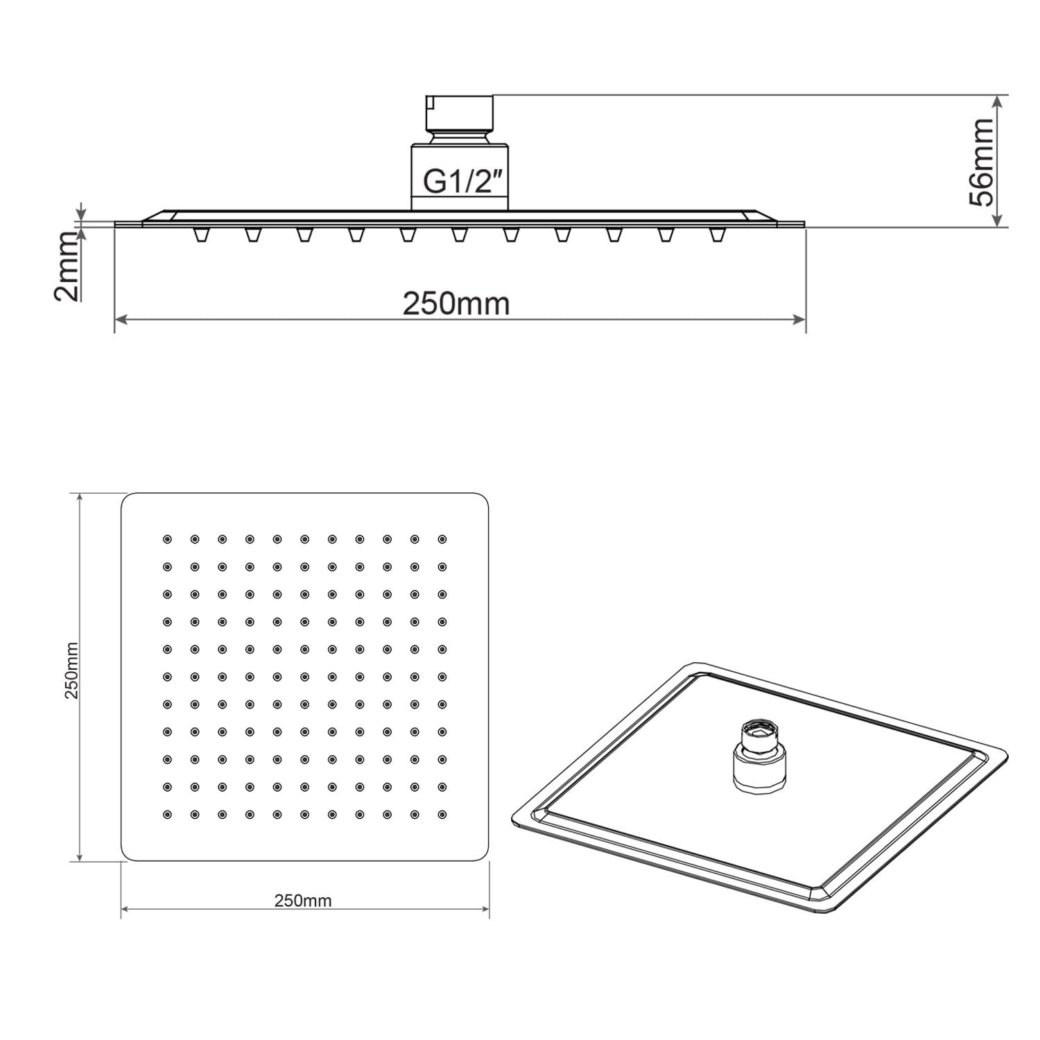 Alcachofa de ducha Cuadrada de Acero inox 25X25 Cm cm efecto lluvia con agujeros anticalcáreos ult