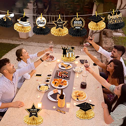 9 Pieces 2023 Graduation Party Table Decorations Class Of 2023 Congrats Graduation Centerpieces For Tables Congratulate Honeycomb Centerpiece Table Topper For Grad Party Favor Supplies (Black Gold) #TOP4