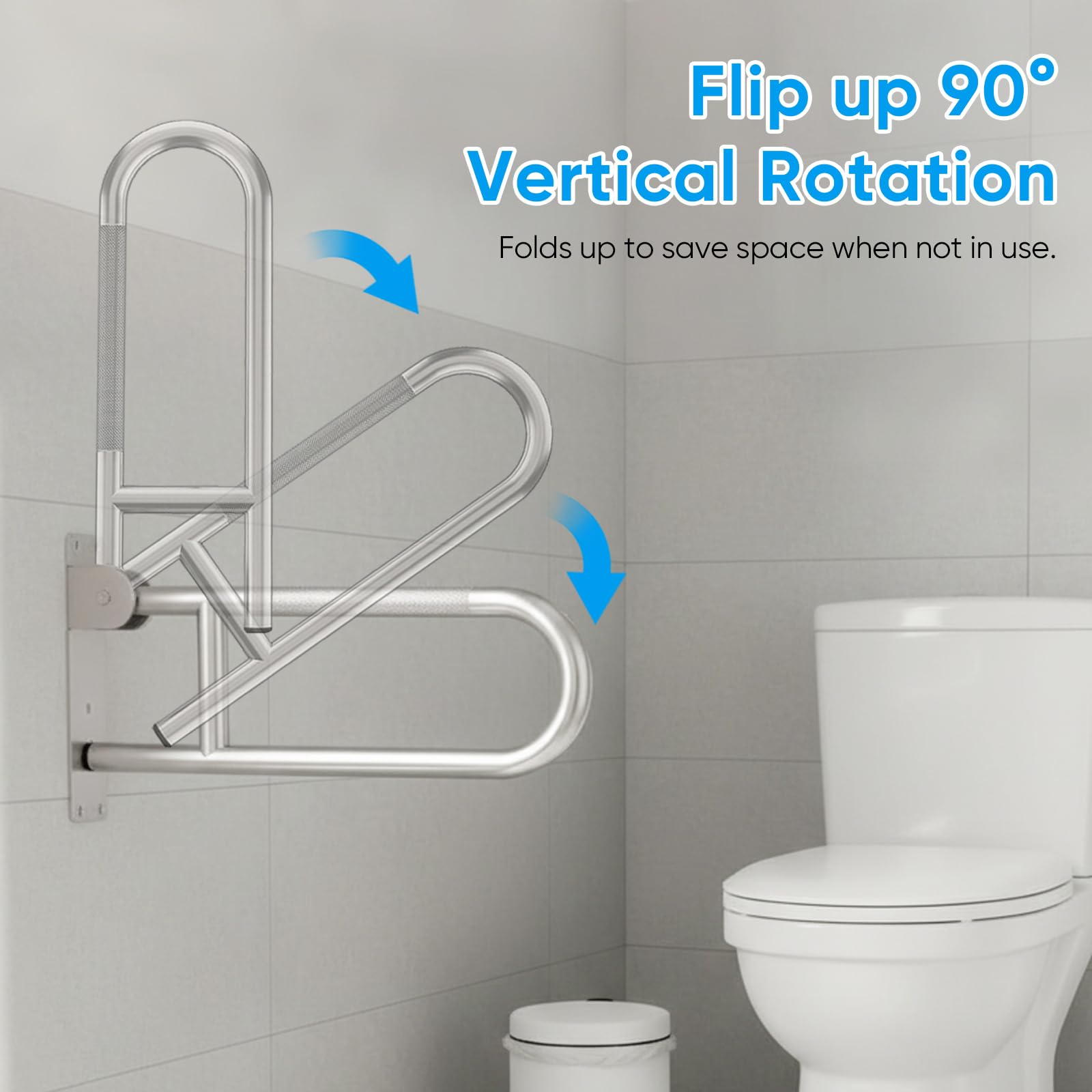 Maniglione Ribaltabile Bagno Wc, Acciaio Inossidabile Opaco Antiscivolo con Corrimano di Supporto Parete 90 Pieghevole Sicurezza Doccia Toilette - Argento - 60cm