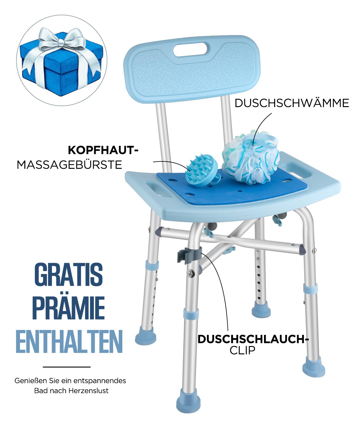 Taburete de ducha con respaldo extraíble, silla de ducha para personas mayores, soporta 220 kg, altura regulable 42-50 cm, asiento de ducha de aluminio, silla de baño, taburete para bañeras