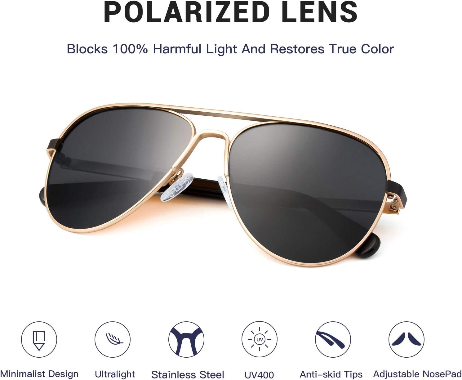 COLOSSEIN Aviator Polarized Sunglasses for Men Stainless Steel Frame Handcrafted Legs UV400 Lenses Driving Outdoor Eyewear 1 - Black - Polarized