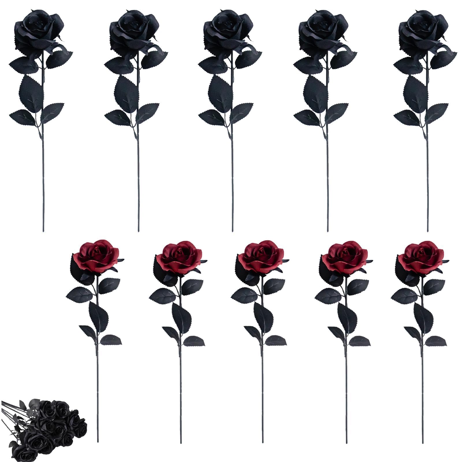 XZSKD 10 Pcs Black and Red Roses Artificial Flowers, Black Roses for Home Decor, Wedding Bouquets, Party Arrangements, Long Stem Silk Rose Flowers, 7 * 36cm