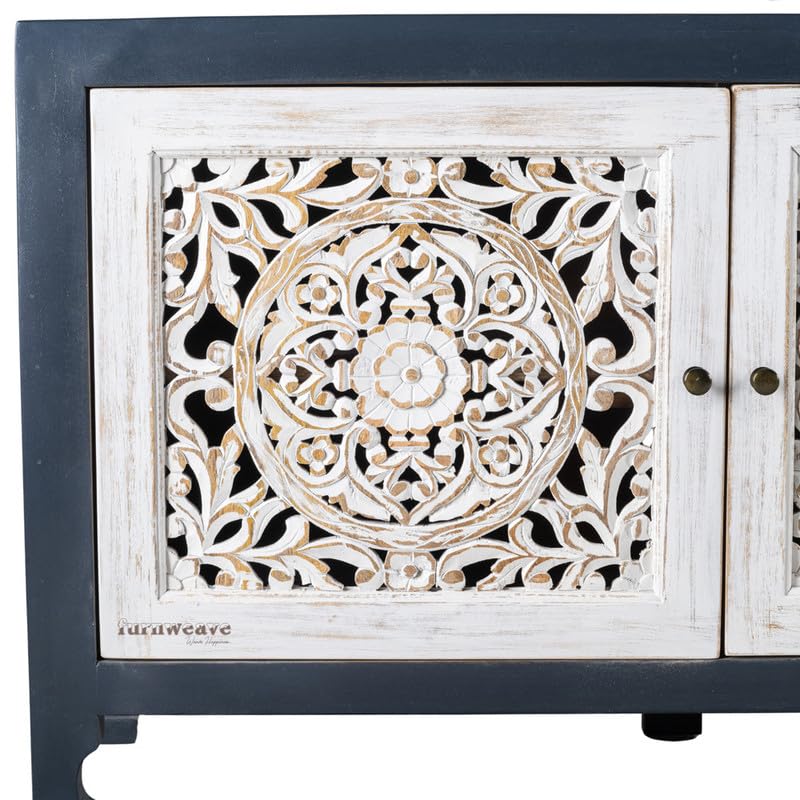 Image of Yepa Wooden Sideboard Cabinet for Living Room | Handcrafted Solid Wood Storage Cabinet with Carved Doors | Crockery Cabinet for Home | Crockery Furniture for Home (White and Grey)