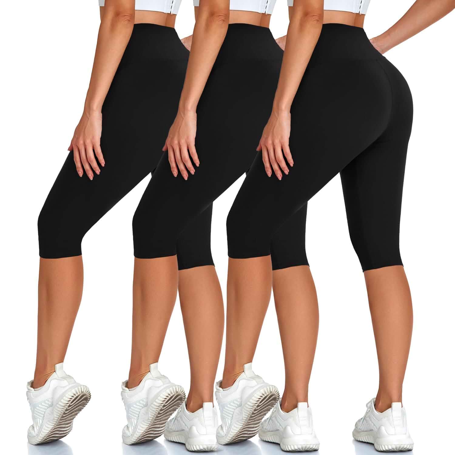 Hi Clasmix 3 Pack Leggings for Women–Knee Length Capri Tummy Control Buttery Soft, 4-Way Stretch, High Waisted, Spandex, Yoga Pants, Workout, Running, Gym