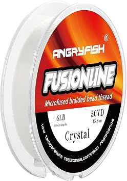 ANGRYFISH Fusionline Micro-Fused Braided Beading Thread for Jewelry Making | 6lb, 0.006in, 50yd, Crystal, Ultra High Strength, Non-Stretch, Super Strong Stringing Material for Seed Beads Weaving