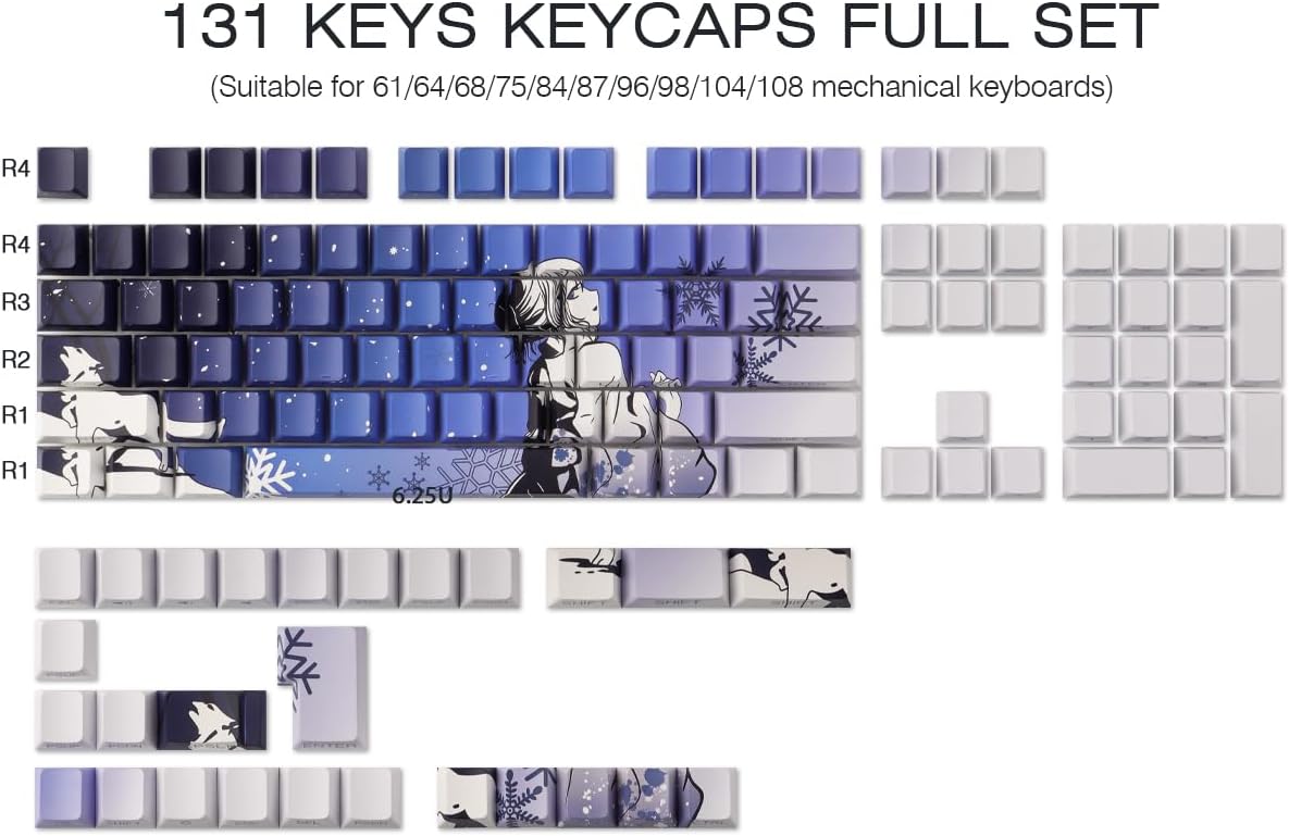 Sunzit Keycaps - Side Print Keycaps 75 Percent, Shine Through Custom Key caps, Japanese PBT Keycap Set Dye Sub, Double Shot, 131 Keys Cherry Profile Keyboard Keycap for Mechanical Keyboard, Snow Wolf